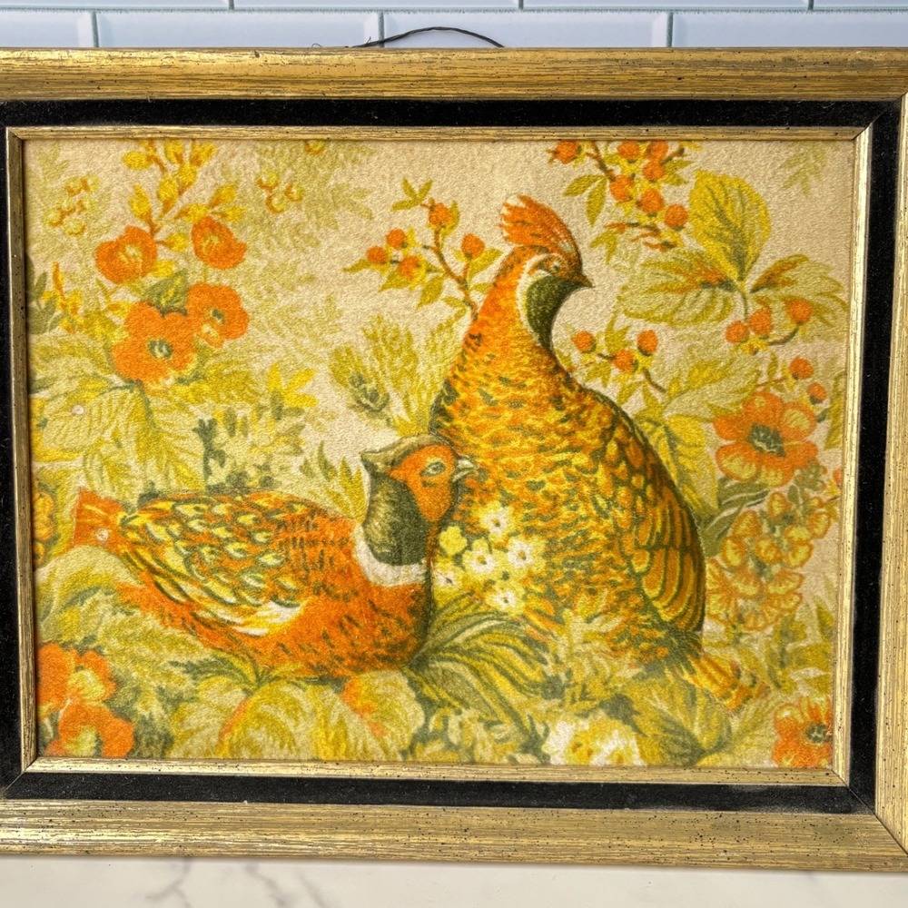 Vintage 70s Framed Pheasant Bird Art Gold Wood Frame 3D Stuffed